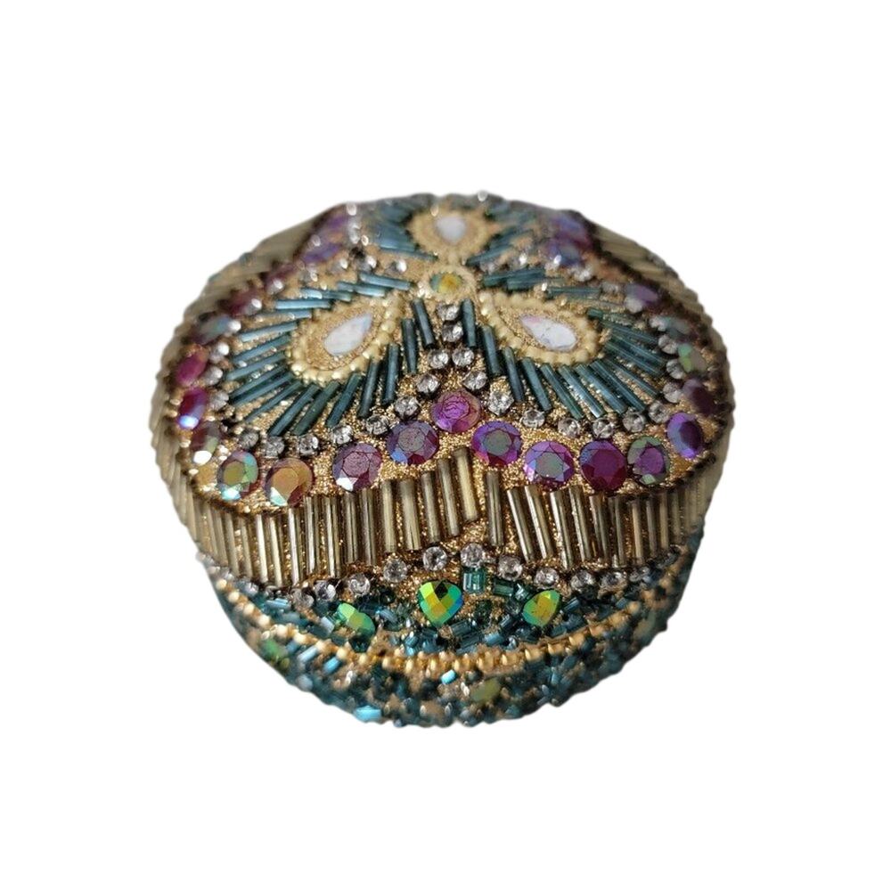 Vintage Beaded Trinket Jewelry Box Round Domed Iridescent Gold Turquoise Pink